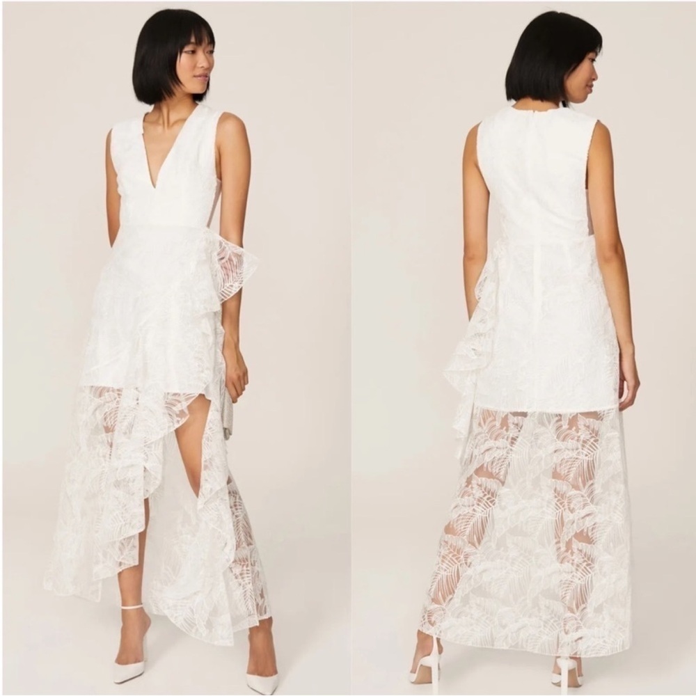 ONE33 Social Womens White V Neck Embroidered Tulle Ruffle Dress